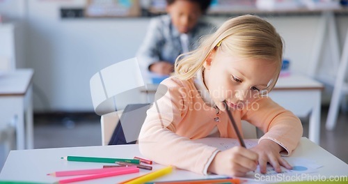 Image of Lesson, girl or students in a classroom, writing or knowledge with productivity, development or notebook. Drawing, children or kids with inspiration, teaching or test with idea, learning or education