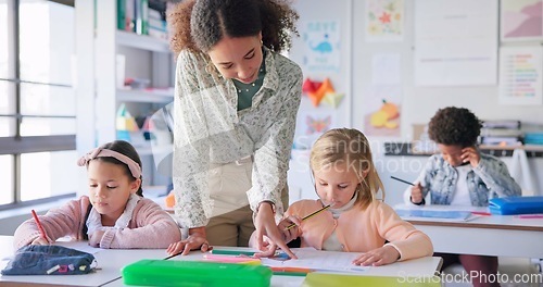 Image of Help, teacher and woman with education, students and ideas with studying, conversation and teaching. Person, educator and children writing, knowledge and kids in a classroom with answers and lessons