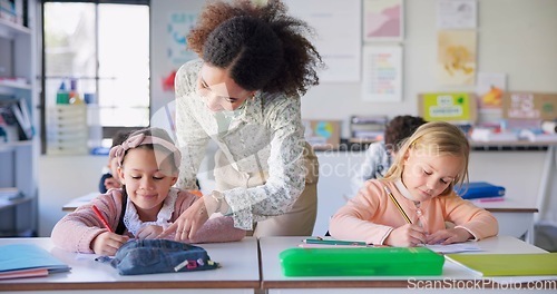 Image of Help, teacher and woman in a classroom, students and education with studying, conversation and knowledge. Person, educator and children writing, learning and kids with answers, explain and lessons