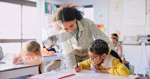 Image of Teacher, girl and reading with question, book and classroom for education, question and mentorship for learning. Woman, development and student for goal, help or info with support, school or academy