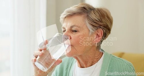 Image of Health, wellness and senior woman drinking water for hydration and liquid diet detox at home. Weight loss, fresh and calm elderly female person enjoying glass of cold drink in modern retirement house