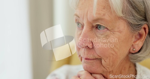 Image of Senior woman, sad face and thinking at home with hands on chin to remember memory in retirement. Serious and upset elderly person at a nursing facility shaking head for negative emotion or Alzheimer