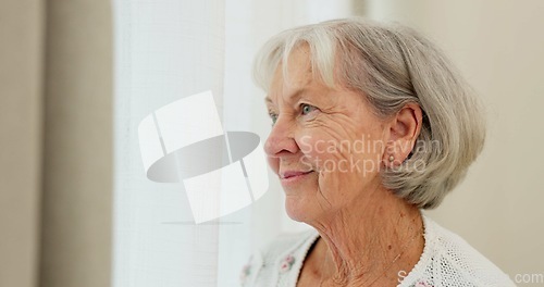 Image of Face, thinking or nostalgia and a senior woman in a nursing home with a happy memory of the past. Smile, relax and retirement with an elderly resident remembering life in an assisted living house