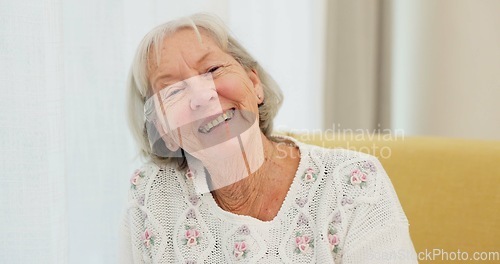 Image of Face, smile and old woman on sofa with happiness at nursing home for elderly care and rehabilitation. Healthcare, laughing and portrait of happy person ion couch in house in retirement in living room