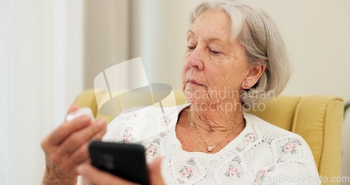 Image of Research, pills and senior woman with phone to check for information on medication and typing online search about medicine . Elderly person, medication and reading about pharma drugs on smartphone
