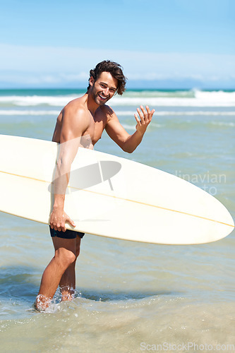 Image of Beach sports, surf portrait and happy man with come gesture for water activity, training or ocean wellness. Surfboard, nature cardio and surfer invitation for exercise, workout or sea adventure