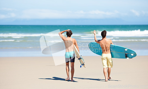 Image of Surf, walking and beach sports people, friends or men travel on sand to ocean waves, sea water or nature mockup. Surfboard, surfing partner and back of surfer for vacation, wellness and adventure