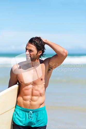 Image of Beach sports, fitness or surfing man ready for activity, shirtless or outdoor nature wellness on Hawaii vacation. Surfboard, muscular athlete body or holiday surfer for exercise, workout or adventure