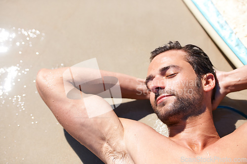 Image of Beach sand, relax man and face of surfer lying on seashore, rest and sleep after wellness activity, training or workout. Surf, eyes closed and sports person sleeping, fatigue and break after practice