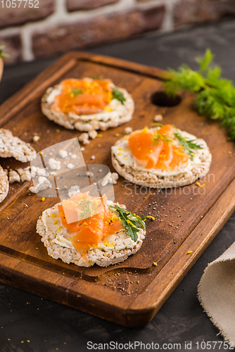 Image of Smoked salmon on rice bread toasts