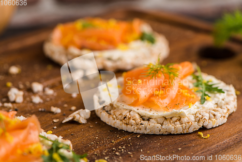 Image of Smoked salmon on rice bread toasts