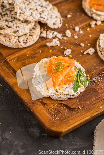 Image of Smoked salmon on rice bread toasts