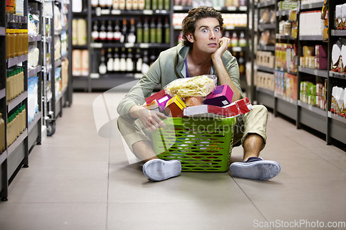 Image of Man, grocery shopping and supermarket, stress about inflation and expensive food, overwhelmed in store. Groceries in basket, retail and customer shocked by price, choice and purchase with fear