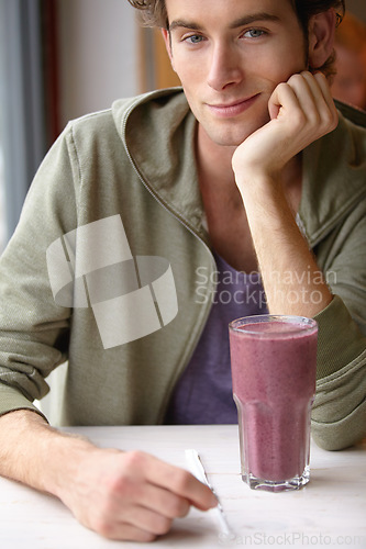 Image of Man, smile and health smoothie for breakfast fruit drink, morning fibre or healthy detox choice, Male person, portrait and relax for diet liquid or shake organic taste, vegan or nutrition raw vitamin