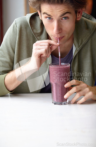 Image of Man, smile and portrait for drink smoothie or fruit breakfast beverage, morning fibre or healthy detox choice. Male person, protein and diet liquid shake organic taste, vegan or nutrition raw vitamin