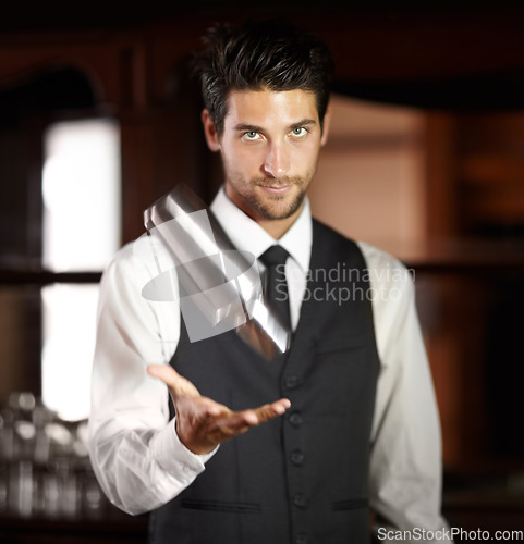 Image of Portrait, bartender and working at restaurant with cocktail mixer and service to customer at night hotel. Man, mixologist or expert barman with alcohol drink or wine cooler, clients and hospitality