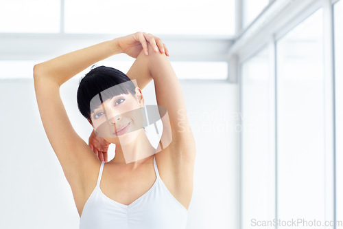 Image of Portrait, stretching and woman with fitness, exercise and workout with wellness, happy and health. Face, person and girl with training, sports and freedom with commitment, smile and athlete