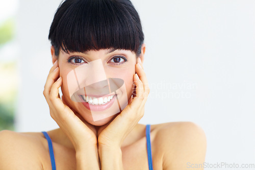 Image of Happy, excited and portrait of woman with hands on face or shocked, surprised or omg facial expression. Smile, positive and young female model with optimistic, wow or mockup on white background