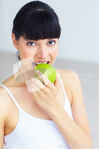 Image of Apple, eating fruit and portrait of woman with organic product, fiber snack or morning nutrition for healthy balance. Weight loss diet, hungry vegan and face of nutritionist with self care food