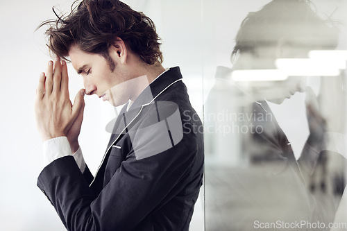 Image of Praying, religion and young man in a studio with double exposure for gratitude, hope or worship. Trust, compassion and male model from Canada with regret or mistake isolated by white background.