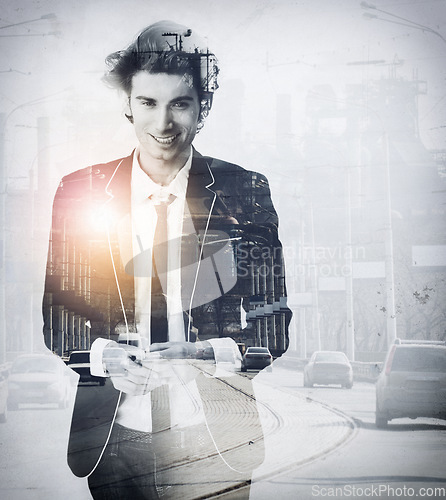 Image of Smile, city overlay and portrait of businessman in a corporate suit for double exposure. Happy, professional and young male model with formal, classy and elegant outfit or style with town background.