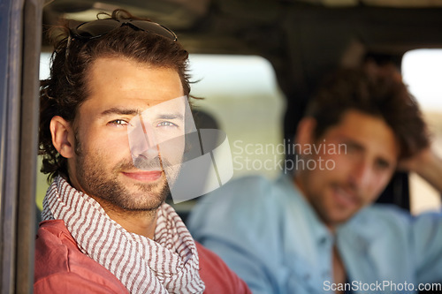 Image of Car road trip, travel portrait and man on journey, adventure or motor transportation for friendship vacation, tour or getaway. Moving automobile, relax passenger face and person driving in SUV van