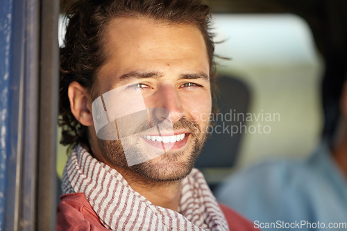 Image of Car road trip, travel portrait and happy man on journey, adventure or motor transportation for holiday vacation. Moving automobile, happiness and face of passenger, driver or tourist smile in SUV van