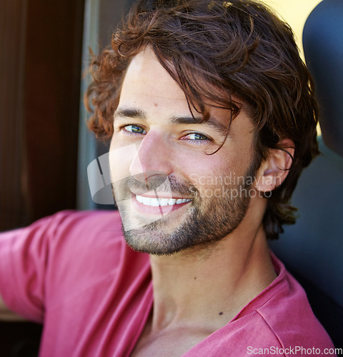 Image of Road trip happiness, car portrait and happy man, driver or tourist smile for outdoor freedom, nomad lifestyle or Argentina holiday. Street transportation, face headshot and person travel in 4x4 SUV