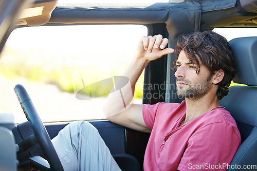 Image of Car road trip, travel and man looking at direction, detour way and thinking of destination route, journey path or vacation choice. Automobile, adventure and motor transportation person driving in van