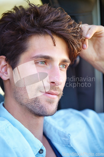 Image of Car road trip, thinking face and man planning journey route, travel adventure or outdoor vacation tour, holiday or getaway. Auto vehicle drive, relax and driving person on wellness break in Spain