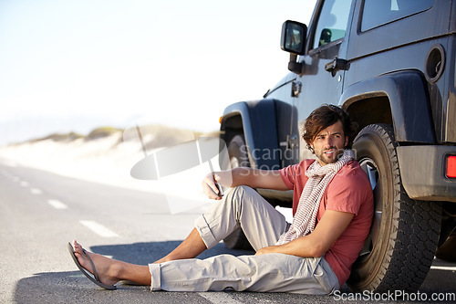 Image of Car road trip, phone or man with online map, location or waiting for SUV support service on adventure journey. Cellphone, fail or driver sit on ground with crisis, travel app or looking at direction