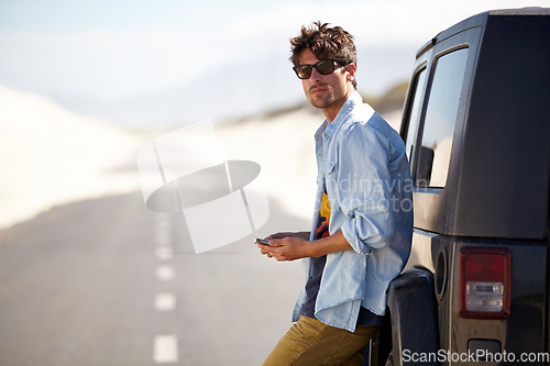 Image of Car road trip, phone or man looking at direction, traffic way or online travel map, navigation app and waiting for SUV support. Cellphone GPS, 4x4 van problem or driver booking transportation service