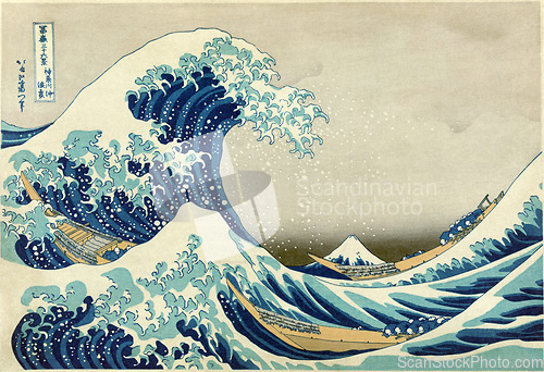 Image of Graphic, creative and a painting of ocean, water or sea during a storm. Asian, landscape and antique picture, illustration or drawing sketch of a rough wave of a river or lake with creativity in art