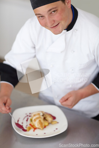 Image of Chef, fine dining and food with man in portrait at restaurant, catering with nutrition and cooking skill. Decoration, plate and dinner meal with career, hospitality and culinary industry with cuisine