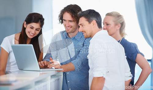 Image of Office laptop, cooperation and team happy for online information, company revenue or sales income, insight or analytics. Social media, group project and people smile for good news, feedback or review