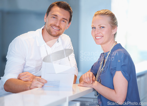 Image of Business people, teamwork portrait and documents for advice, financial report and taxes or revenue in office. Professional woman and manager smile with paperwork for accounting, audit or sales review