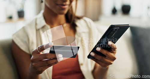 Image of Hands, credit card and phone for closeup, home and woman with cybersecurity, fintech app and banking info. Girl, smartphone and payment for customer experience, budget or sales on e commerce website