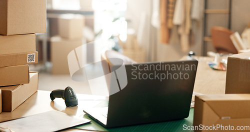 Image of Empty office in small business, boxes or laptop for e commerce, startup or inventory in shop. Background, delivery checklist or technology for courier logistics, cargo stock or online package order