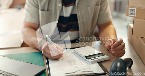 Image of Closeup, ecommerce or man with documents, calculator or writing with planning, finance or budget. Person, hands or entrepreneur with paperwork, startup or economy with accounting, savings or increase