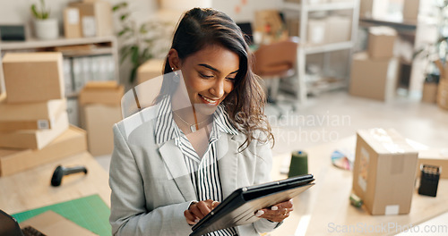 Image of Small business, woman and boxes with tablet, e commerce and startup inventory management for online shop, order or courier. Entrepreneur or young seller on digital technology for logistics or package