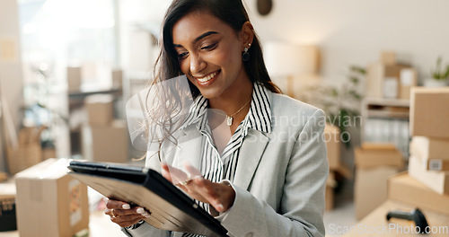 Image of Happy woman, tablet and boxes in small business, logistics or supply chain at retail store. Female person smile with technology for shipping, communication or online networking at shop or warehouse