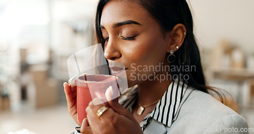 Image of Business woman, coffee and peace with morning, routine with smell or aroma of drink, inspiration and calm. Mindfulness, caffeine or espresso beverage, start the day or break with corporate employee