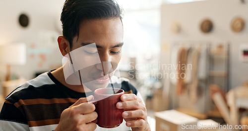 Image of Man, blow on coffee and peace with morning, routine with aroma of drink and delivery with small business and supplier. Mindfulness, caffeine or espresso beverage, start the day or break in workshop