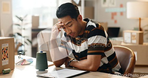 Image of Frustrated man, headache and stress with boxes in anxiety, mistake or overworked in logistics at office. Male person with migraine, mental health or depression in fatigue, fail or bankruptcy and debt