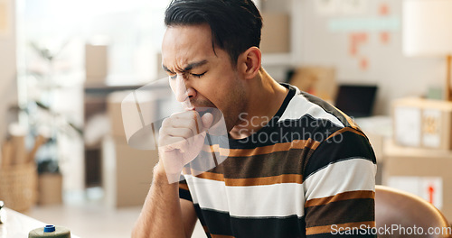 Image of Yawning, man and tired with shipping small business, delivery company and brain fog with company owner. Exhausted, burnout and inventory check, supply chain and overtime with overworked worker