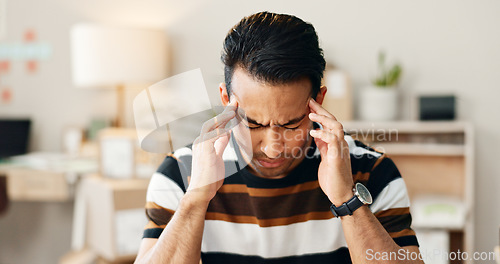 Image of Frustrated man, headache and stress in mistake, fail or overworked in logistics at office. Closeup of male person with migraine, anxiety or mental health in fatigue, depression or bankruptcy and debt