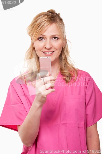 Image of Nurse with pink cell phone