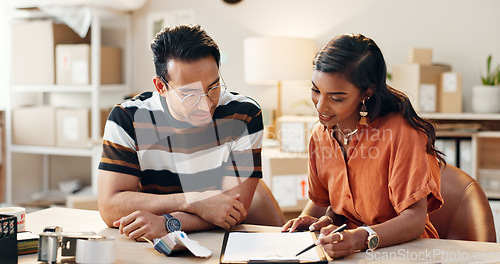 Image of Training, employee and woman in small business with logistics, checklist or planning a schedule in office. Working, strategy and people check inventory, paperwork or reading rules of workplace