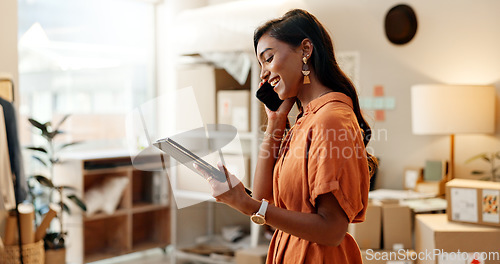 Image of Woman, phone call and tablet for logistics, startup inventory and e commerce or small business package, boxes or courier. Fashion designer or seller talking on mobile and digital technology for order
