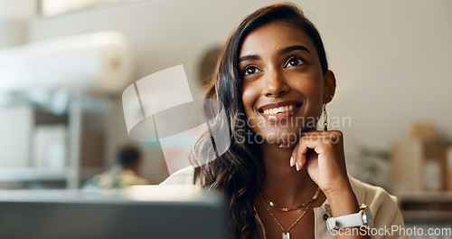 Image of Woman, face and thinking, future and ideas for shipping company with small business owner and dream. Problem solving, solution and decision, laptop and online shopping with logistics and planning